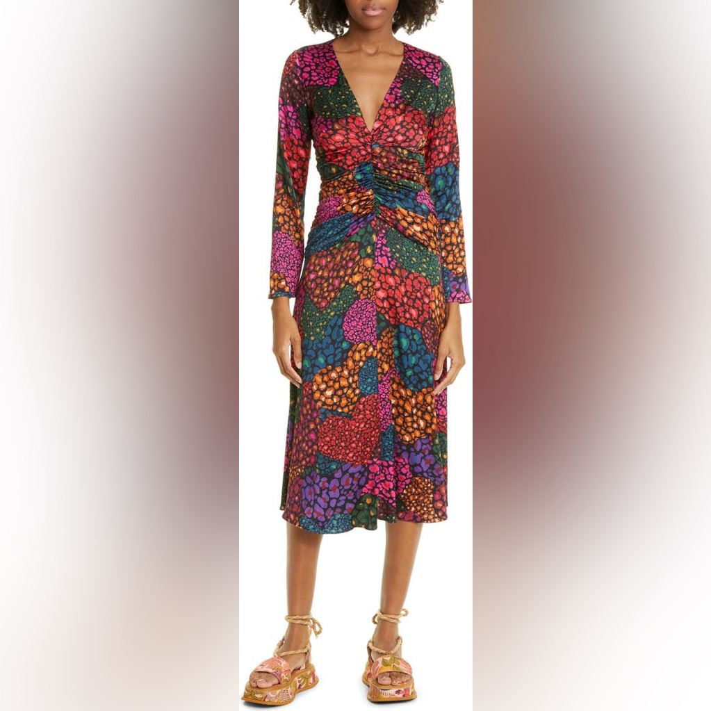 Farm Rio Rainbow Hearts Ruched Long Sleeve Midi Dress Size Small Woman’s